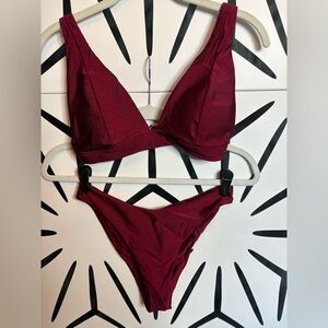 NWOT Miketai Wine Red Deep V Bikini Thong Cheeky Swimsuit Women’s Size S